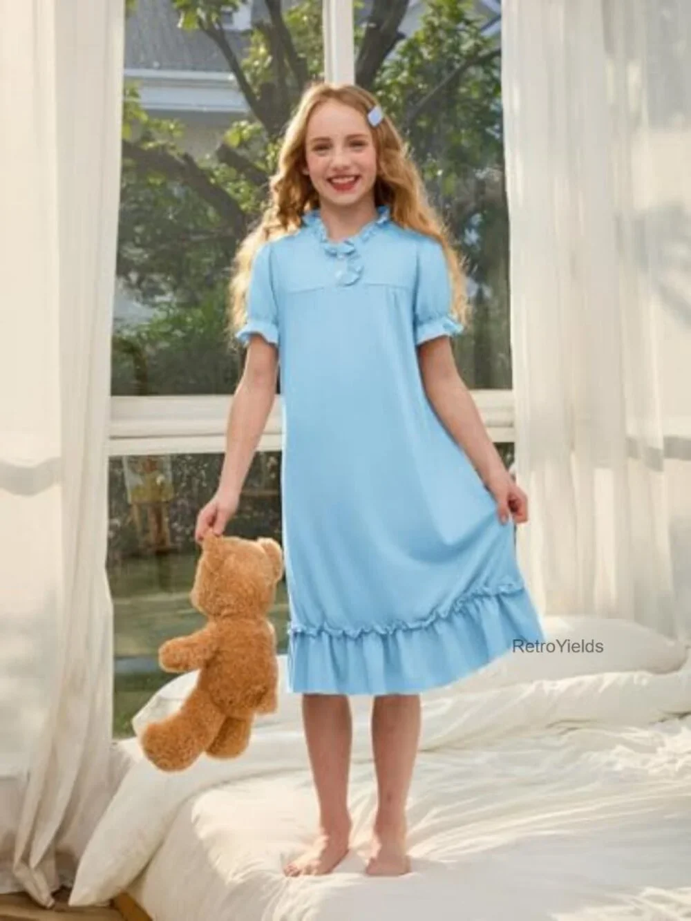 Girls Puff Short Sleeve Ruffle Collar Nightgown Soft Sleepwear 61% Polyester